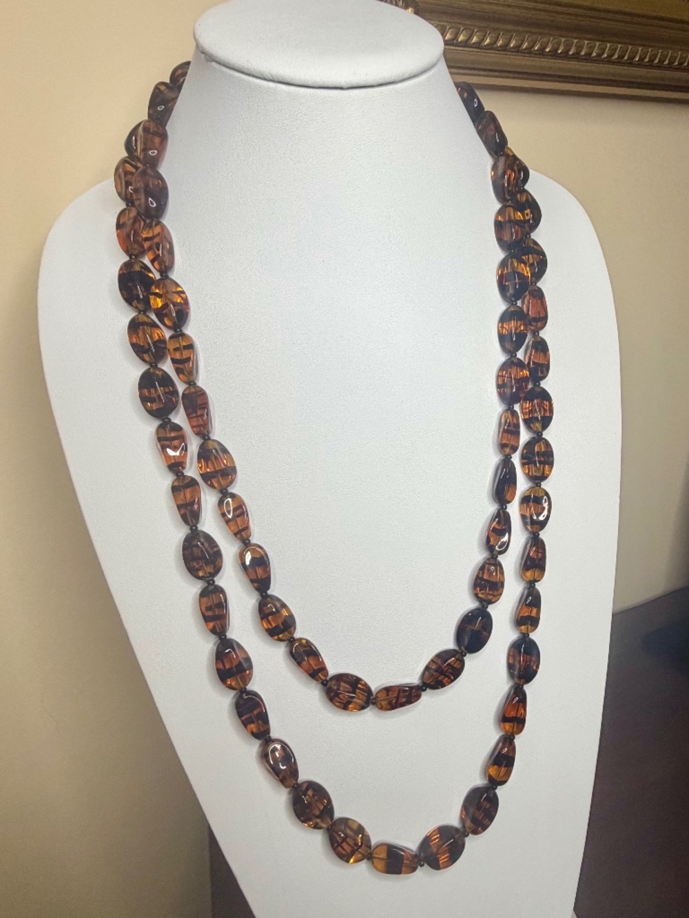 Vintage Amber Black Root Beer Glass Necklace 30" Drop VERY LONG - Picture 4 of 16